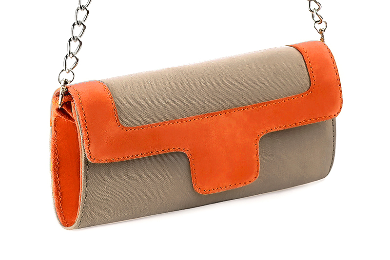 Women's tan beige and clementine orange luxurious elegant clutch for ceremonies, weddings and evenings out. - Front view